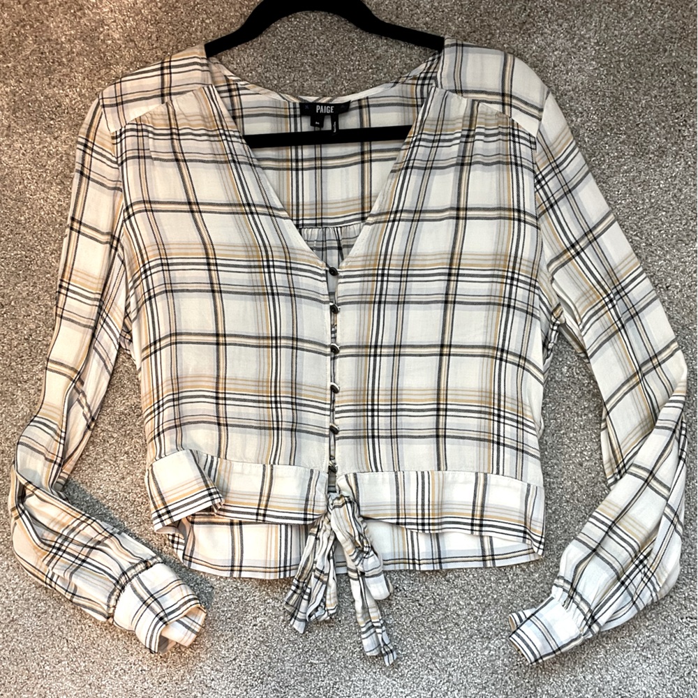 Paige Denim Yellow 💛 plaid, front tie, button up long sleeve.